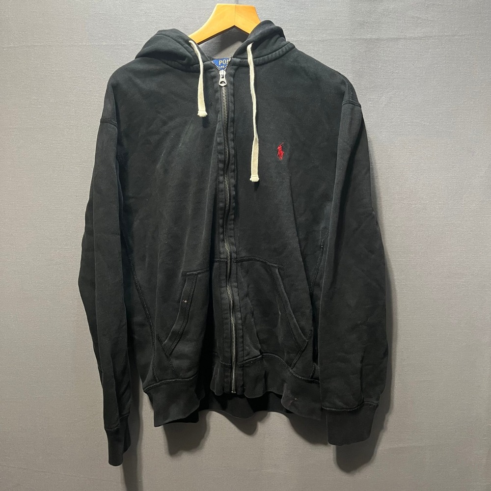 Polo Ralph Lauren Mens Black Full Zip Hoodie Red Pony Waffle Hood Size M